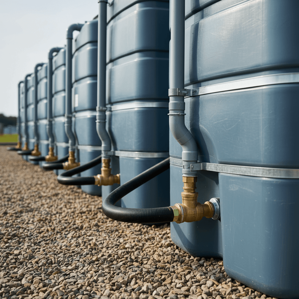 Cuves de stockage d'eau agricoles en polyéthylène de différentes capacités sur base en gravier