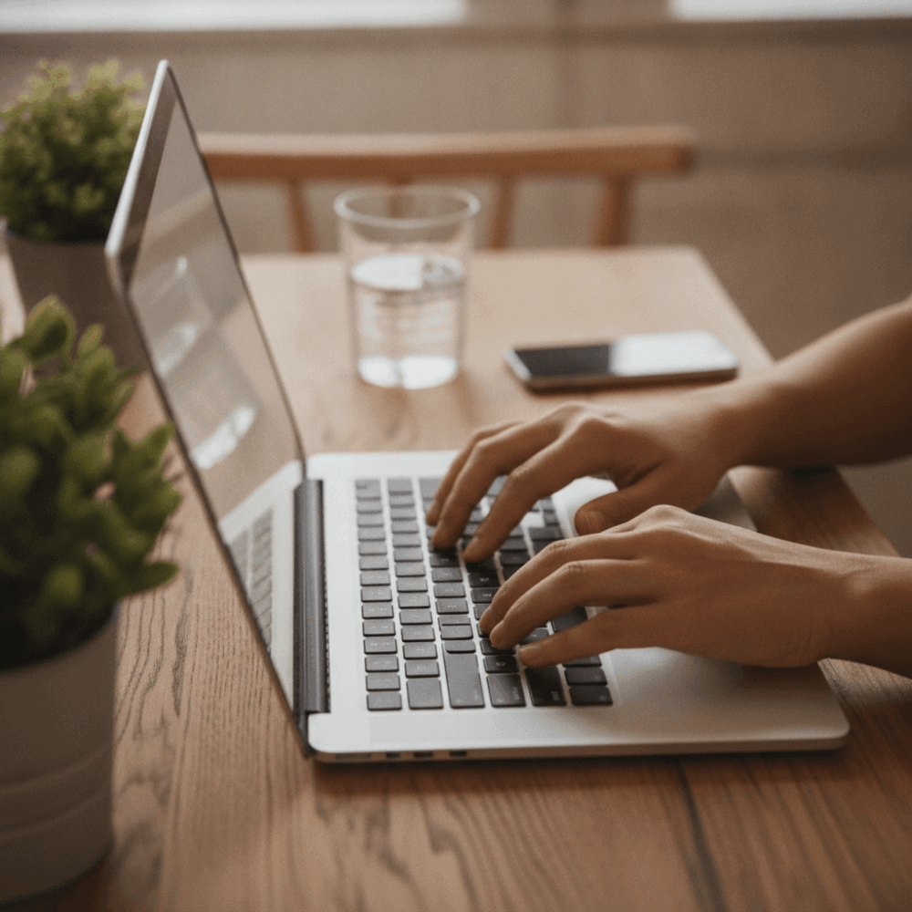 Utilisation d'un PC portable 14 pouces en télétravail hybride avec mains sur clavier dans espace domestique professionnel