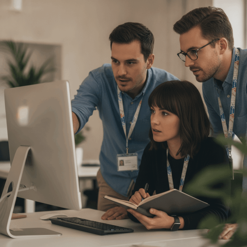 Équipe ADV utilisant collaborativement un outil logiciel facturé par siège sur un poste de travail partagé