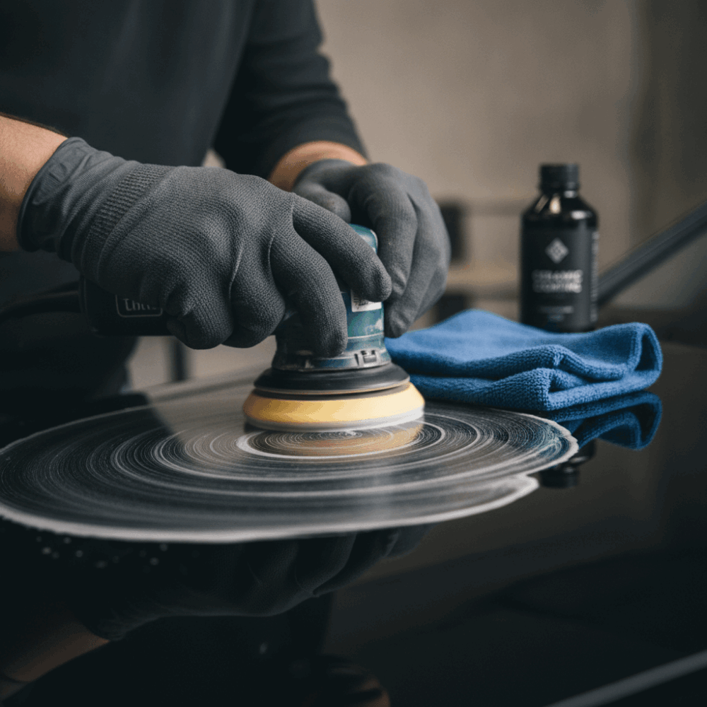 Gros plan sur le polissage professionnel d'une carrosserie avec polisseuse orbitale