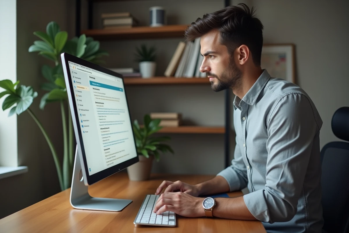 Homme en chemise consultant sa boîte mail professionnelle sur un ordinateur de bureau dans un bureau individuel