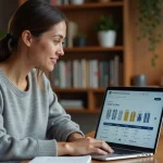 Femme consultant les tarifs intralignes Air France sur un ordinateur portable depuis son bureau à domicile