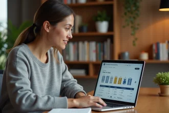Femme consultant les tarifs intralignes Air France sur un ordinateur portable depuis son bureau à domicile