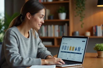 Femme consultant les tarifs intralignes Air France sur un ordinateur portable depuis son bureau à domicile