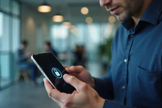 Homme d'affaires sécurisant l'accès au portail Securitas sur son smartphone dans un bureau moderne
