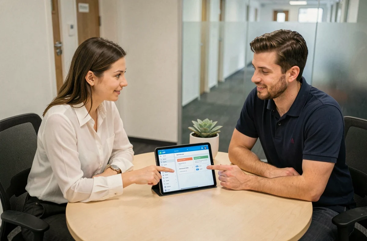 Deux collègues en session d'accompagnement pour la prise en main du portail hrforyou autour d'une tablette en salle de réunion