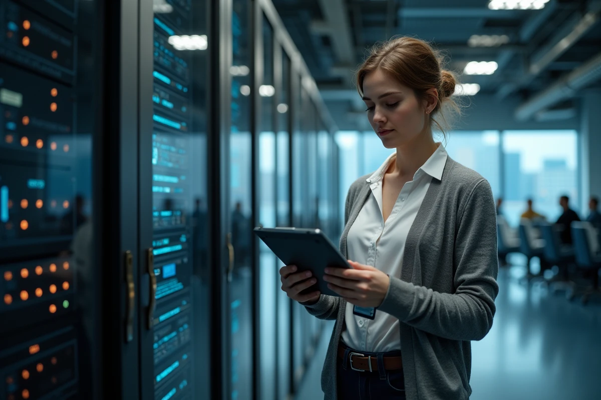 Jeune femme administratrice informatique dans salle serveurs