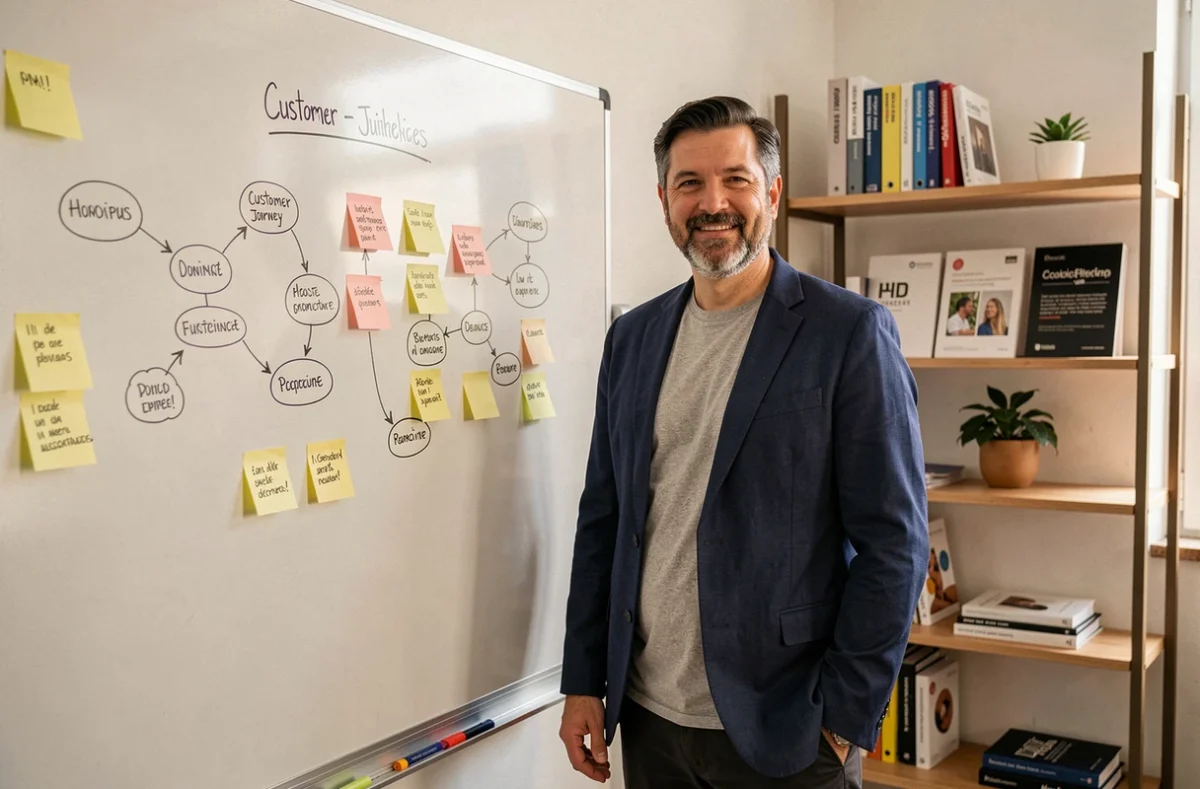 Directeur créatif de l'agence Citeasen présentant une stratégie marketing sur un tableau blanc