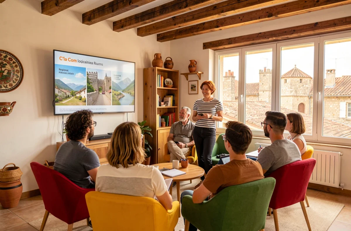 Présentatrice de l'agence C'la Com exposant une campagne touristique régionale à son équipe dans un bureau de Carcassonne