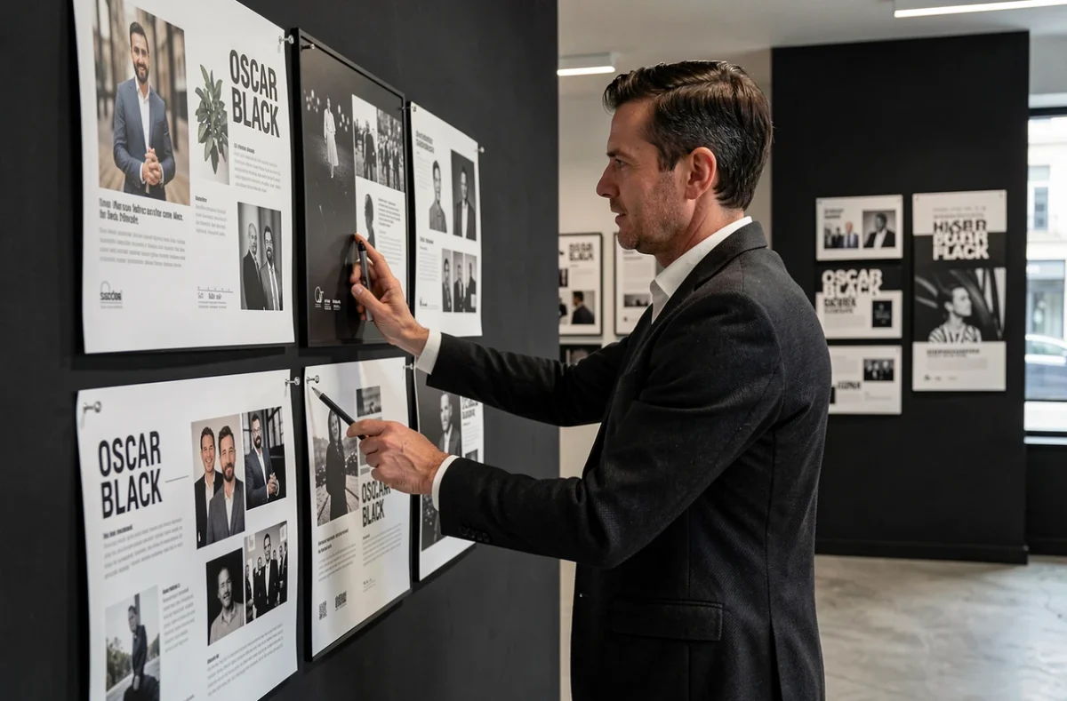 Directeur créatif de l'agence Oscar Black examinant des designs en noir et blanc dans un bureau minimaliste à Toulouse