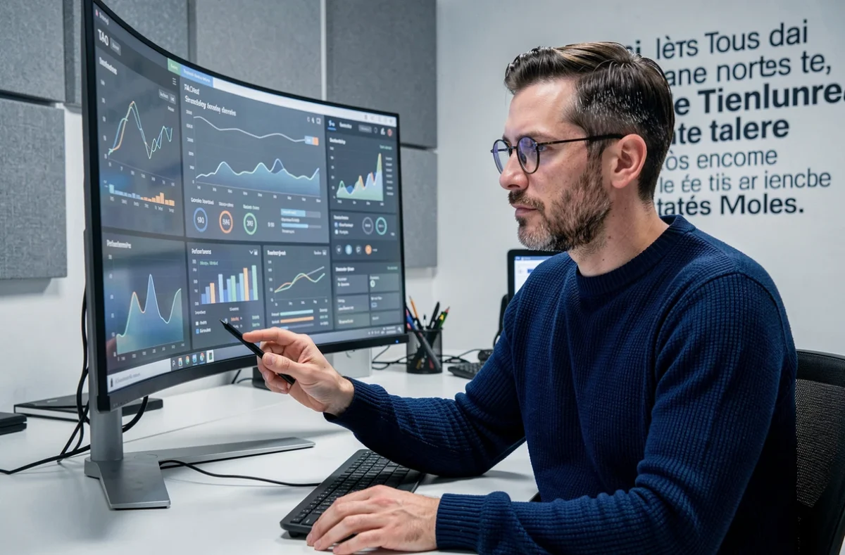 Analyste de l'agence TAO consultant des tableaux de bord de performance numérique dans un bureau moderne de Montpellier
