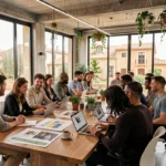 Équipe d'une agence de communication en Occitanie réunie autour d'une table de travail avec des maquettes de campagnes