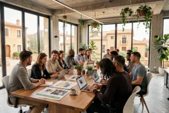Équipe d'une agence de communication en Occitanie réunie autour d'une table de travail avec des maquettes de campagnes