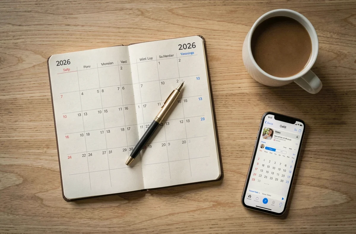 Vue aérienne d'un bureau avec agenda papier 2026, smartphone et tasse de café pour organiser les jours travaillés