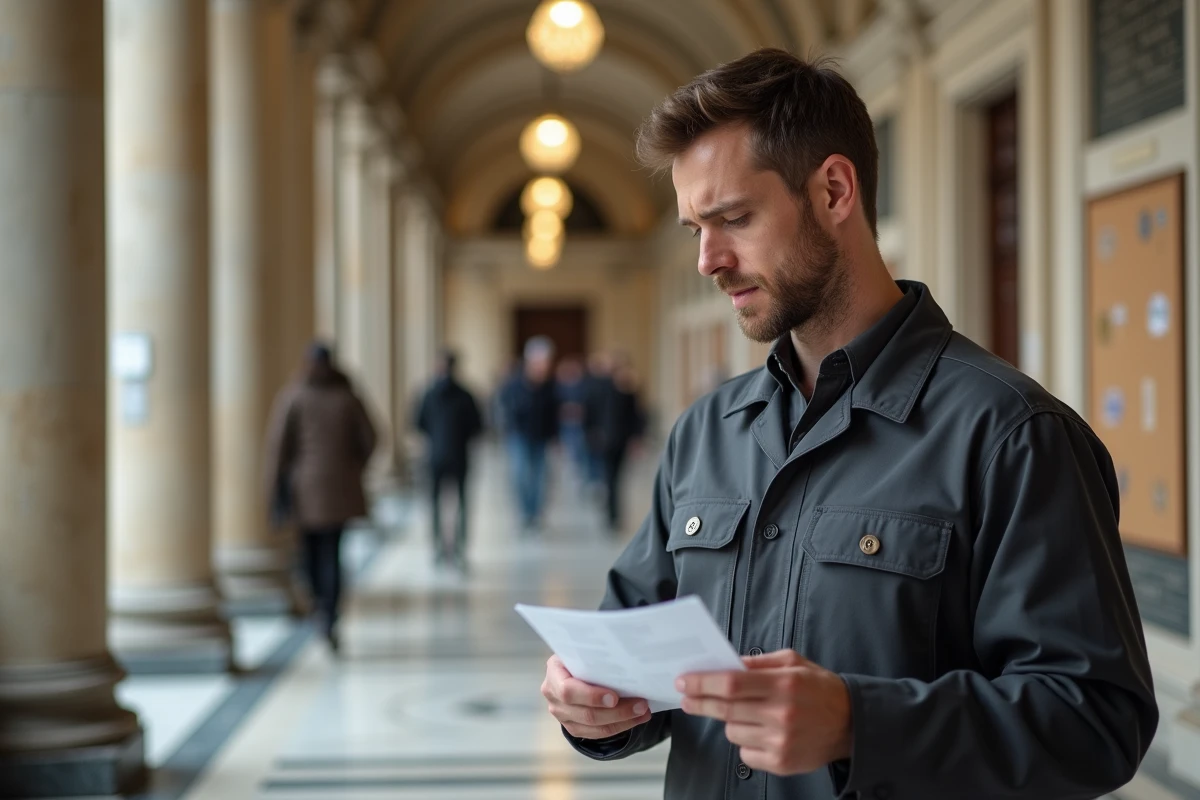 Agent municipal tenant sa fiche de paie devant l'entrée d'une mairie française, illustrant la question des salaires des petites catégories