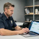 Agent de sécurité consultant son planning de congés sur un portail en ligne depuis son bureau