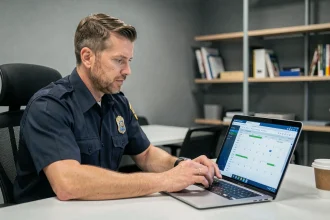 Agent de sécurité consultant son planning de congés sur un portail en ligne depuis son bureau