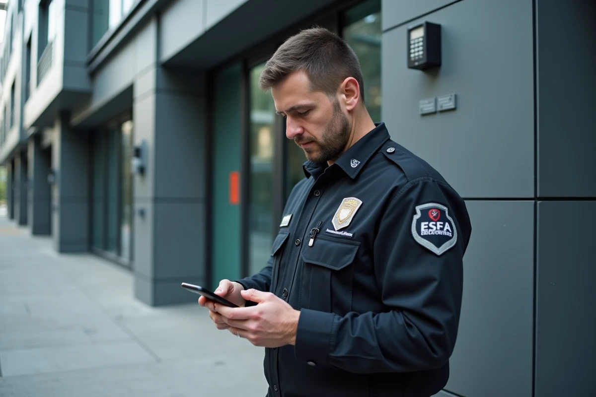 Agent de sécurité Securitas consultant le portail mobile de gestion sécurisée à l'entrée d'un bâtiment professionnel