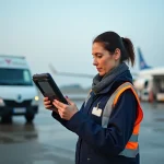Agent au sol féminin utilisant une tablette à l'aéroport