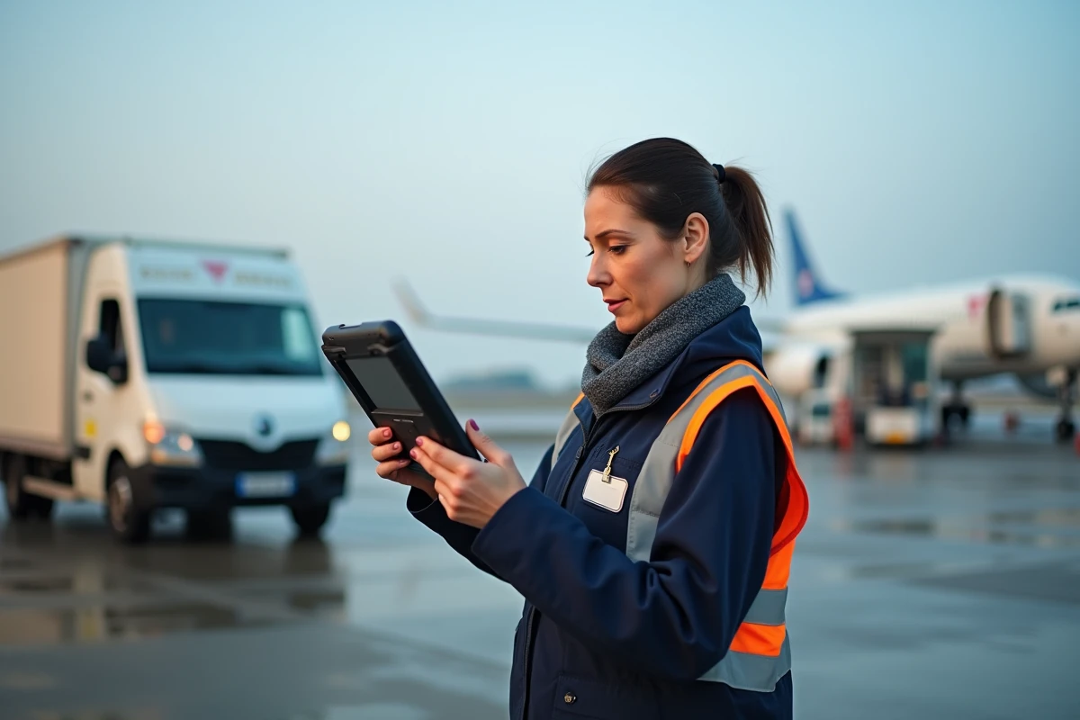 Agent au sol féminin utilisant une tablette à l'aéroport