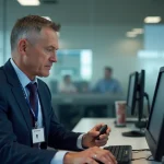 Agent municipal en costume utilisant un token de connexion