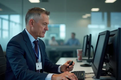 Agent municipal en costume utilisant un token de connexion