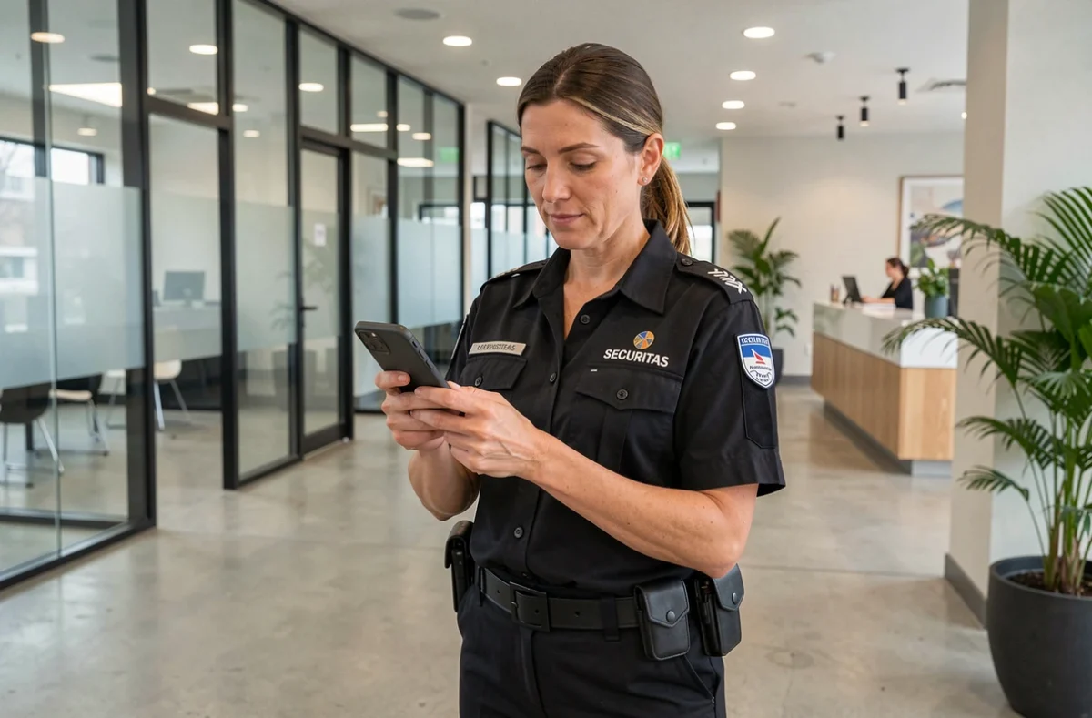 Agente de sécurité féminine gérant ses congés via une application mobile dans un hall d'entreprise
