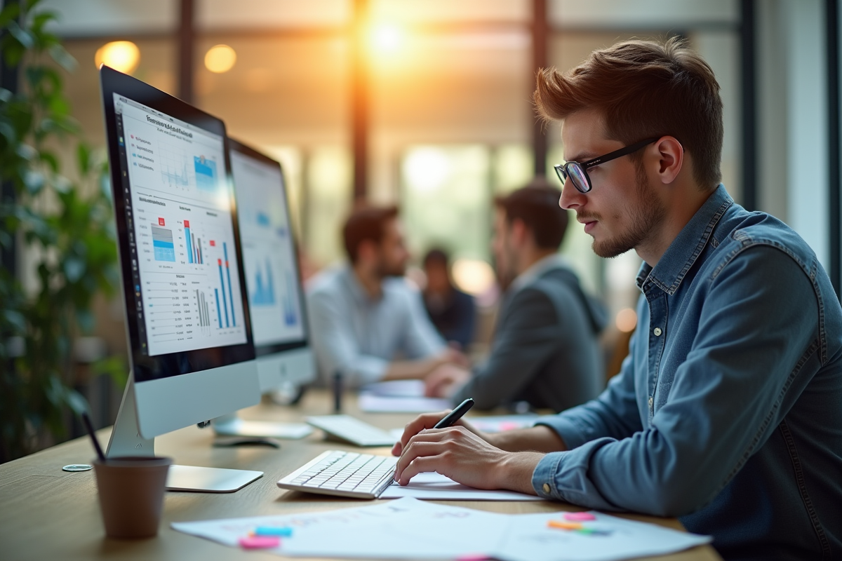 Jeune professionnel analysant des graphiques marketing au bureau
