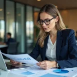 Femme professionnelle analysant des documents financiers avant un investissement, bureau moderne avec graphiques et ordinateur portable