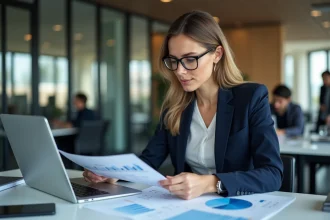 Femme professionnelle analysant des documents financiers avant un investissement, bureau moderne avec graphiques et ordinateur portable