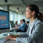 Chargée de marketing analysant les données de performance d'un programme d'affiliation sur écran d'ordinateur en open space