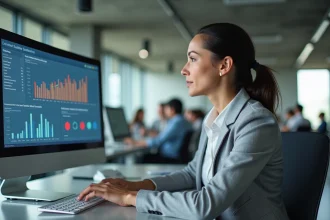 Chargée de marketing analysant les données de performance d'un programme d'affiliation sur écran d'ordinateur en open space