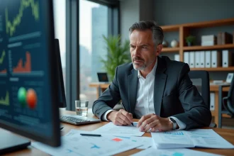 Analyste financier auditant un portefeuille énergétique sur plusieurs écrans pour identifier les risques d'interchange non programmé