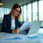 Femme analyste économique étudiant des fiches territoire et indicateurs économiques sur un bureau professionnel