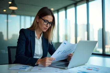 Femme analyste économique étudiant des fiches territoire et indicateurs économiques sur un bureau professionnel