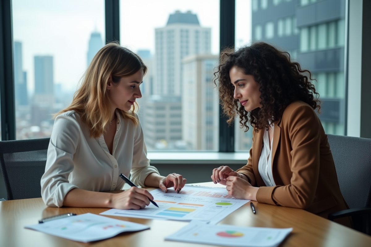 Deux analystes de risque féminines examinant un graphique industriel dans une salle moderne