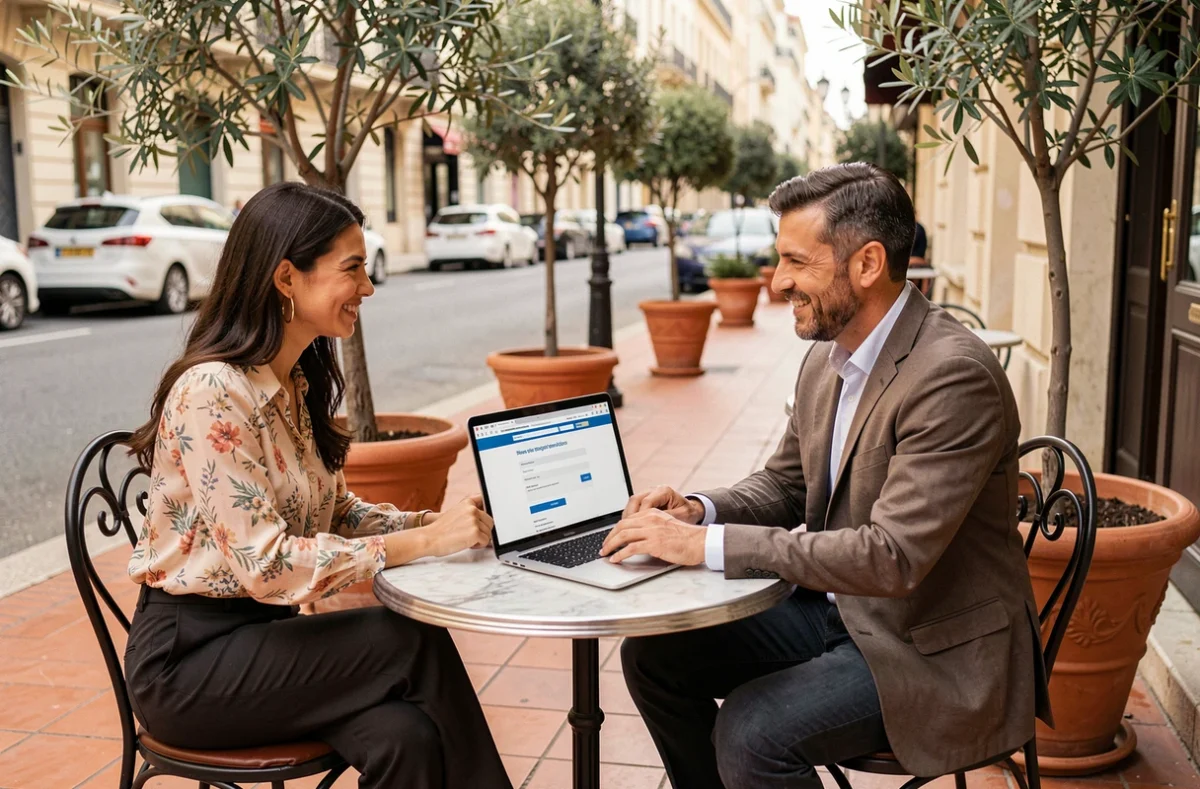 Deux associés discutant de la création de leur entreprise en ligne sur un ordinateur portable en terrasse de café