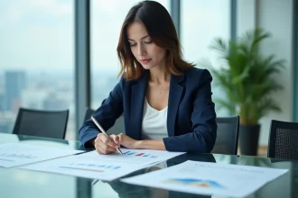 Auditrice professionnelle analysant des rapports financiers dans une salle de conférence d'un grand cabinet d'audit
