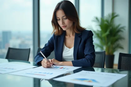 Auditrice professionnelle analysant des rapports financiers dans une salle de conférence d'un grand cabinet d'audit