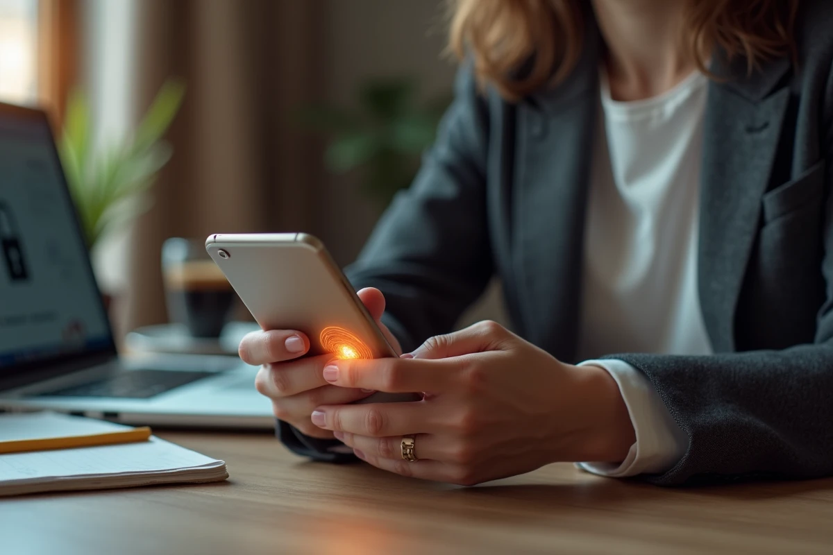 Femme utilisant l'authentification biométrique pour accéder au portail de sécurité Securitas depuis son domicile