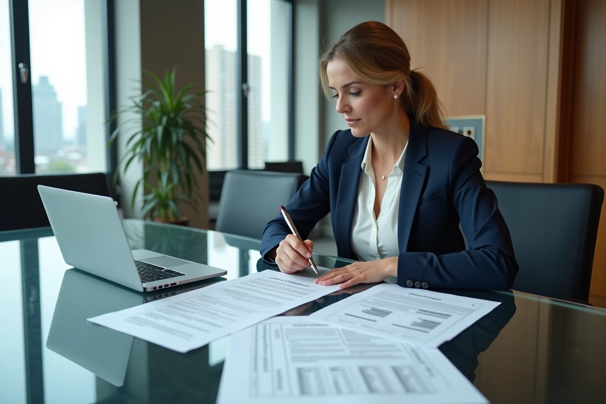 Femme cadre analysant des documents d'indemnités de licenciement et de préavis sur une table de conférence