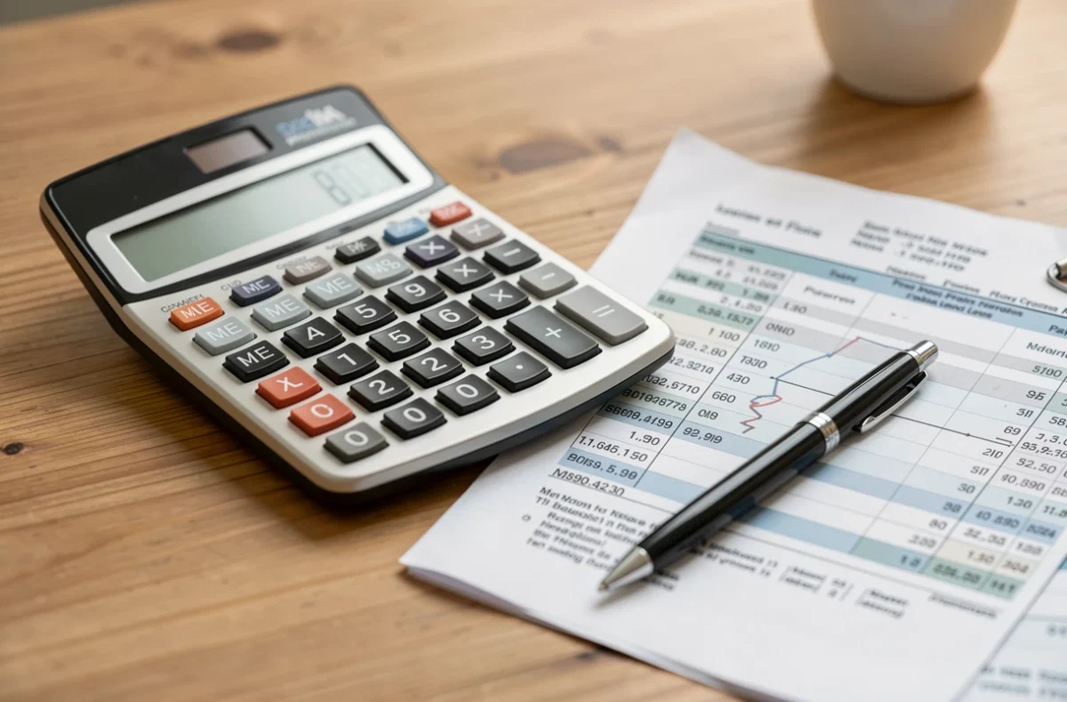 Calculatrice et fiche de paie posées sur un bureau en bois