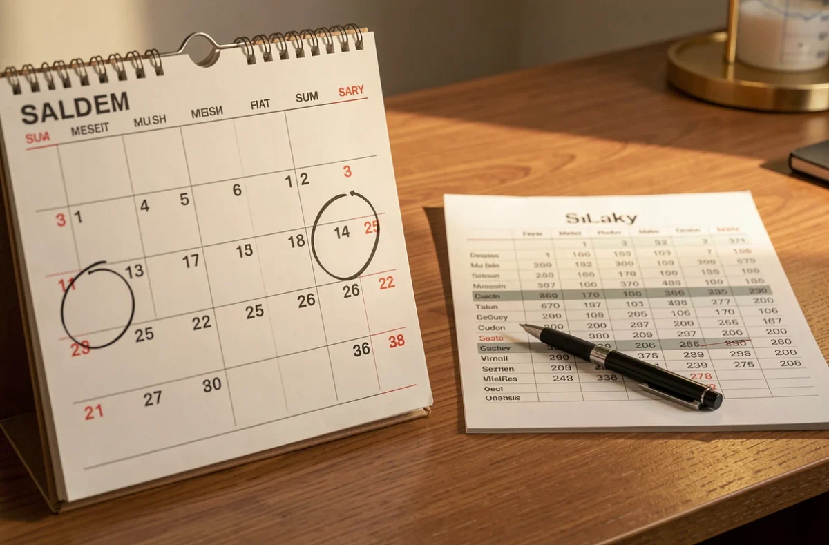 Calendrier aux dates entourées posé à côté d'une grille de salaires