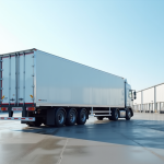 Camion frigorifique blanc stationne en lot industriel en plein jour
