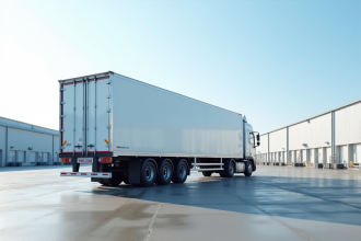 Camion frigorifique blanc stationne en lot industriel en plein jour