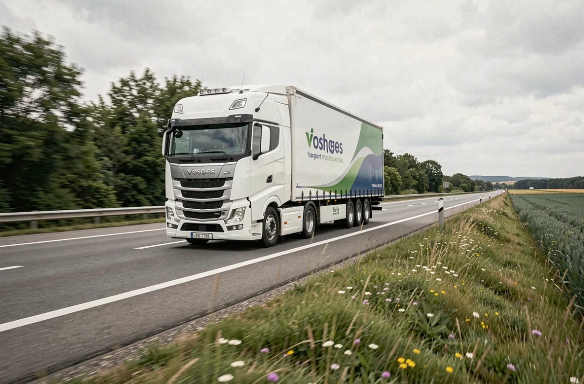 Camion semi-remorque blanc d'une entreprise de transport vosgienne circulant sur un grand axe routier national français