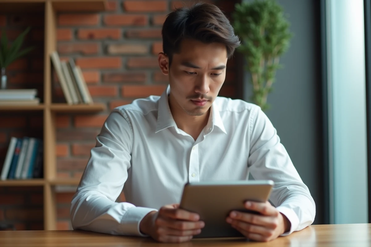 Candidat préparant sa candidature sur une tablette dans un espace de coworking moderne avant un processus de sélection