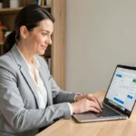 Femme professionnelle postulant à un emploi en ligne sur son ordinateur portable dans un bureau à domicile moderne