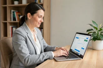 Femme professionnelle postulant à un emploi en ligne sur son ordinateur portable dans un bureau à domicile moderne