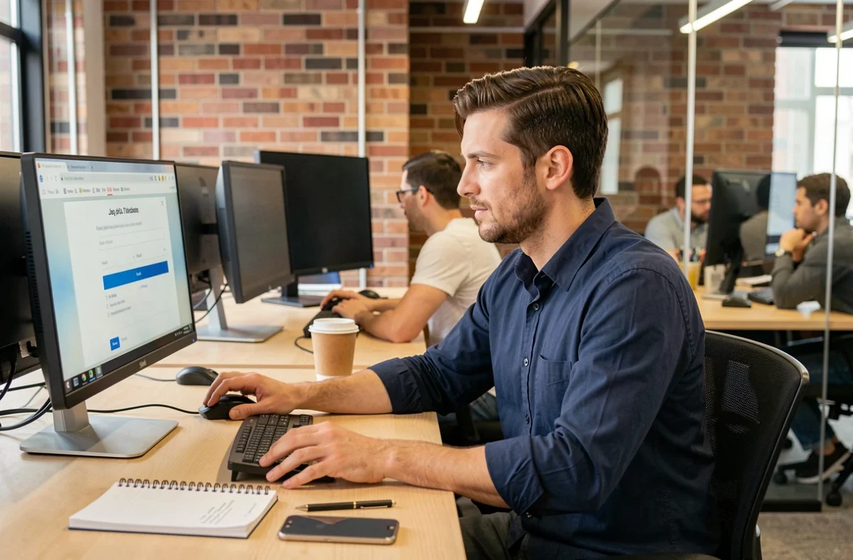 Jeune homme complétant une candidature en ligne dans un espace de coworking moderne avec plusieurs écrans